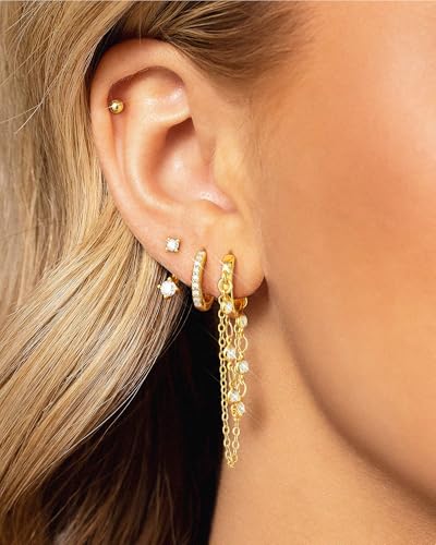 Tassel Chain Small Gold Hoop Dangle Earring For Women Huggie Earring Heart Star CZ 14K Gold Plated Fashion Jewelry Graduation Gift for Her Mothers Day Gifts for Mom - color: Gold-4 Pairs B