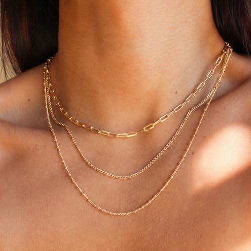 CONRAN KREMIX Waterproof Gold Necklace Layered Necklaces for Women Non Tarnish,14k Gold Plated Stainless Steel Dainty Stack Thin Chain Necklace Set for Women Gifts Jewelry - color: Gold-07