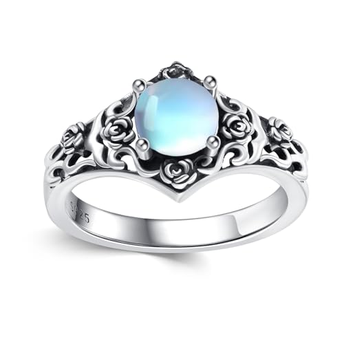Vintage Style 1 Carat Round Cut Birthstone Ring 925 Sterling Silver Stone with Oxidized Rose Filigree Anniversary Engagement Ring for Women Gifts Size 5-12 - color: Moonstone
