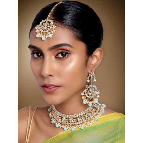 Aheli Elegant Indian Faux Kundan Studded Choker Necklace with Maang Tikka Set Ethnic Wedding Wear Bharatanatyam jewellery set Gift for Women - color: Sky Blue