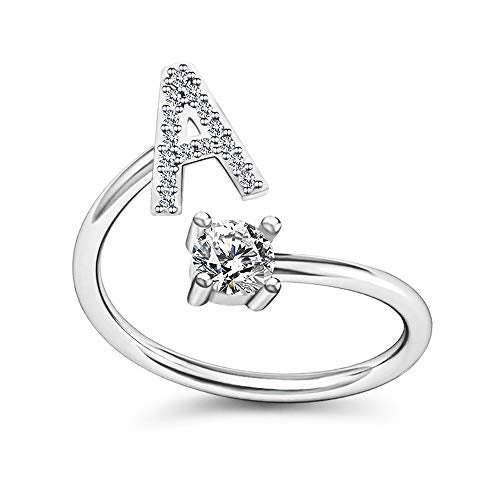 FUTIMELY Initial Letter Ring Alphabet Ring A-Z Silver Crystal Open Adjustable Personalized Initial Ring for Women - style: AA