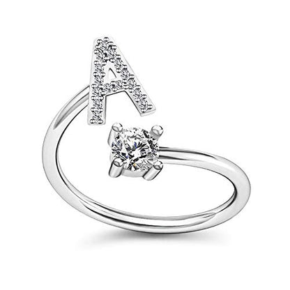 FUTIMELY Initial Letter Ring Alphabet Ring A-Z Silver Crystal Open Adjustable Personalized Initial Ring for Women - style: AA