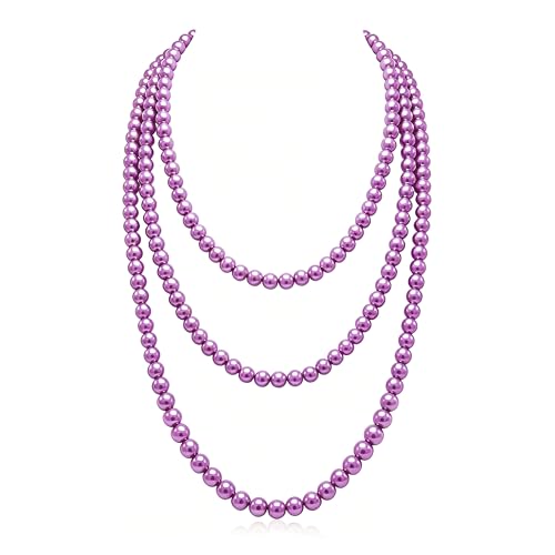 Long Pearl Necklaces for Women Cream White Faux Pearl Strand Layered Necklace Costume Jewelry - color: Purple