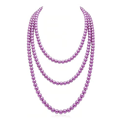 Long Pearl Necklaces for Women Cream White Faux Pearl Strand Layered Necklace Costume Jewelry - color: Purple