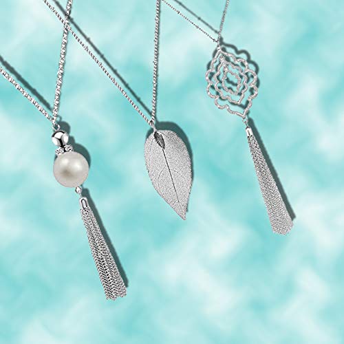 SEVENSTONE 3PCS Long Pendant Necklaces for Women Knot Disk Circle Tassel Statement Sweater Necklace Set - color: Silver-6P