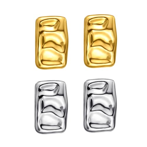 Geometric Rectangle Gold Plated Stud Earrings Irregular Hammered Chunky Statement Square Earrings for Women Trendy - color: Gold Silver Rectangle 2Pairs