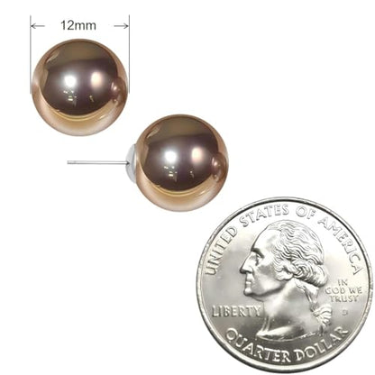 Gold & Brown Faux Pearl Stud Earrings, S925 Silver Posts Hypoallergenic for Women - color: Brown, size: 12mm