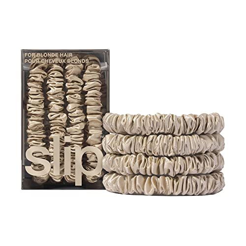 Slip Silk Hair Ties — Skinny Silk Blonde Scrunchies, No Damage, No Crease, Anti-Breakage |100% Mulberry Silk | All Hair Types | Made with Proprietary Slipsilk™ | Set of 4 - color: Blonde