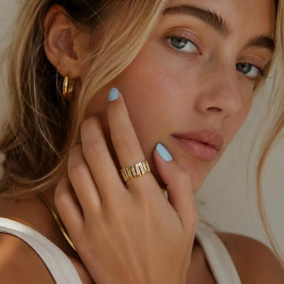 Gold Open Ring Stainless Steel Geometric Wide Band Adjustable Statement Ring for Women Daily Party Jewelry - color: B0104-Silver