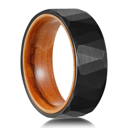 2/4/6/8mm Black/silver/gold Tungsten Rings for Men Womens Couple Fashion Jewelry Promise Engagement Wedding Band Hammered Inner ring inlaid with olive wood Carbide Polished Edge Comfort Fit - color: 8MM olive wood black