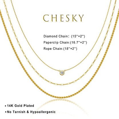 CHESKY 14K Gold Plated Layered Chain Necklace for Women | Trendy Cuban Link Chain, Chunky Paperclip Chain, Toggle Clasp Necklace, Fashion Gold Jewelry, Daily Gift for Women - style: Diamond/Paperclip/Rope