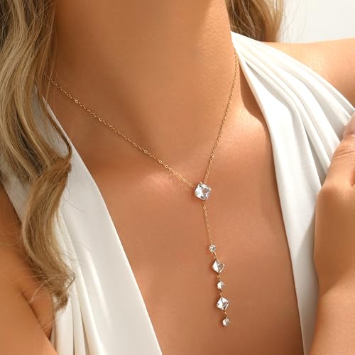 Lariat Necklaces for Women 18K Gold Plated Cubic Zirconia Heart Necklaces Dainty Star Lightning Sun and Moon Necklace Trendy Y Shaped Drop Diamond Necklace - color: CZ Y Necklace-Gold