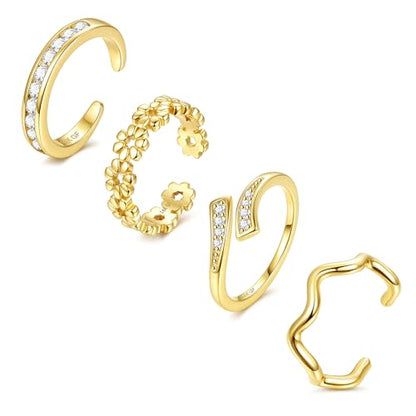 14K Gold Plated Toe Rings for Women Non Tarnish Adjustable Silver Gold Toe Ring Cubic Zirconia Daisy Flower Dainty Toe Rings Set Open Simple Band Ring Summer Beach Foot Jewelry - color: B-Gold
