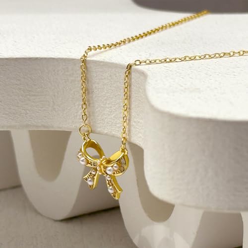 Zeffy Pearl Necklace 4MM/6MM/8MM Dainty Round Imitation Pearl Choker Necklace Wedding Pearl Necklace Delicate Jewelry for Women Simple Bridesmaid Jewelry Gifts - style: Bow Pearl Gold Necklace