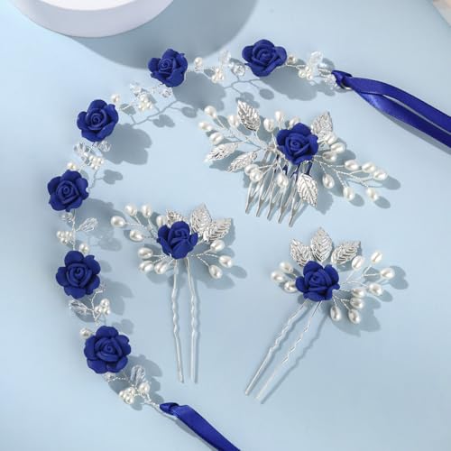 Wedding Hair Accessories Hair pieces Set Crystal bridal hair pins Rhinestone Pearl hair comb Brides and Bridesmaids, Girls, Women(（4PCS/SET BLUE) - color: blue