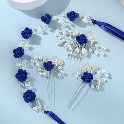 Wedding Hair Accessories Hair pieces Set Crystal bridal hair pins Rhinestone Pearl hair comb Brides and Bridesmaids, Girls, Women(（4PCS/SET BLUE) - color: blue