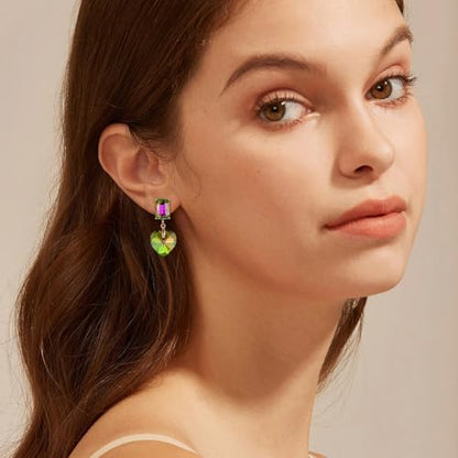 Crystal Heart Teardrop Dangle Earrings for Women Hypoallergenic Multicolor Cubic Zirconia Drop Earrings for Wedding Prom Party Daily Wear - color: Heartgreen