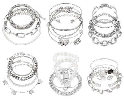 IFKM Gold Chain Bracelets Set for Women, 14K Gold Plated Multiple Layered Stackable Open Cuff Bangle Bracelet Anklet Bracelets Adjustable Link Tennis Beads Italian Cuban Jewelry for Women Gift - style: 24PCS Silver Set