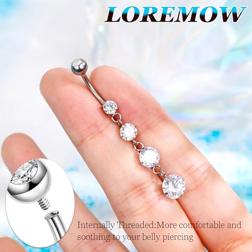 14G G23 Pure Titanium Dangle Belly Button Rings for Women Dangling Belly Ring Curved Barbell Internally Threaded Navel Rings CZ Navel Piercing Jewelry - color: Silver
