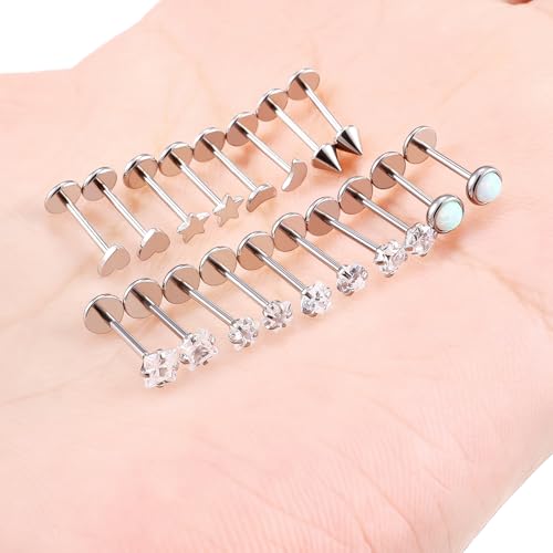 Threadless Noses Rings, Flat Back Earrings, 20/18/16g-Gauge 5/16in-Post 3mm-Top, Hypoallergenic Surgical Steel Medusa Lip Labret Cartilage Helix Tragus Conch Piercing Jewelry for Women Men - color: White, size: 20g*8mm