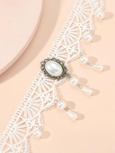 Lace Choker Necklace for Women Tassel Pendant Choker Necklaces Elegant Boho Collar Necklaces Statement Artistic Chain Necklace with Pearl Halloween Party Cosplay Costume Jewelry - color: White Lace Pearl-4