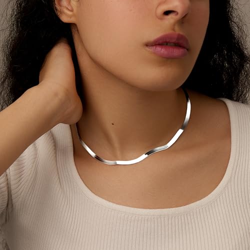 WomenGifts 14K Gold Silver Plated Herringbone Necklace for Women, Dainty Snake Chain Choker, Trendy Simple Long Layered Jewelry Non Tarnish, 3/4/5/8mm,14,16,18,20,22,24,26 Inch Thin & Chunky Options - color: Silver, style: 4mm-14inch