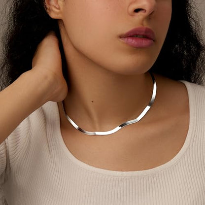 WomenGifts 14K Gold Silver Plated Herringbone Necklace for Women, Dainty Snake Chain Choker, Trendy Simple Long Layered Jewelry Non Tarnish, 3/4/5/8mm,14,16,18,20,22,24,26 Inch Thin & Chunky Options - color: Silver, style: 4mm-14inch