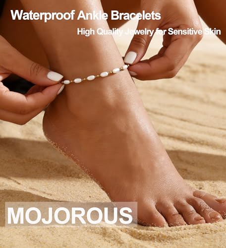 Waterproof Anklet 18K Gold/Sterlings Silver Plated Stainless Steel Ankle Bracelets for Women Figaro Pearls Chain Summer Beach Foot Jewelry 8.5+2Inches - color: Pearl with beaded,Gold
