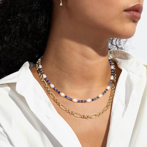 KissYan Beaded Choker Necklace for Women, Colorful Natural Gemstones Pearl Choker 14K Gold Plated Pendant Healing Crystal Necklace Handmade Stone Jewelry Gift | 14K Gold Plated Pendant Necklaces, Natural Gemstones Pearl Choker, Healing Crystal Chain, Hand