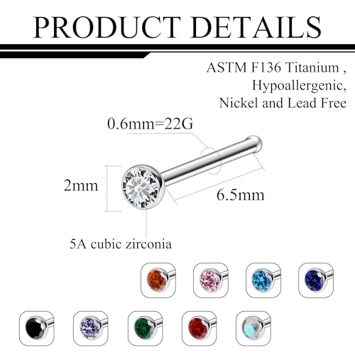 Ruifan ASTM F136 Titanium Nose Rings 18G 20G 22G Jeweled Mix Color Cubic Zirconia Nose Studs Ring Screw L-Shaped Bone Hypoallergenic Body Piercing Jewelry for Women 1.5mm 2mm 2.5mm 3mm 10PCS - style: Bone:22G(0.6mm)-2mm CZ