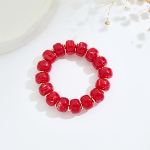 Bead Bracelet for Women Vibrant Color Resin Beads Bracelets Elastic Stretch Chunky Bracelet Boho Summer Beach Vacation Jewelry - color: Red