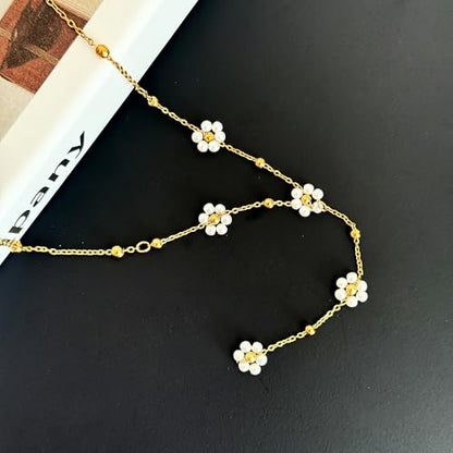 Lariat Gold Necklace for Women, Dainty Long Necklace Y-Shaped Layered Beaded Chain Drop 14k Gold Plated/Silver Necklaces Trendy CZ Diomand Simple Jewelry for Women Gift - color: Gold-Daisy