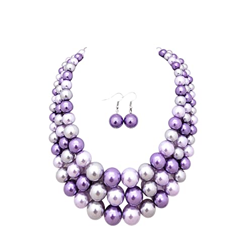 Fashion 21 Women's Faux Pearl Three Multi-Strand Statement Necklace and Earrings Set - color: Lavender Mix