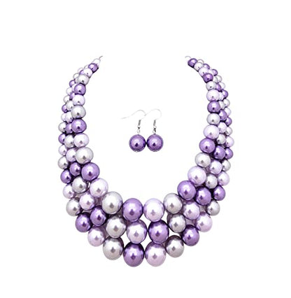 Fashion 21 Women's Faux Pearl Three Multi-Strand Statement Necklace and Earrings Set - color: Lavender Mix