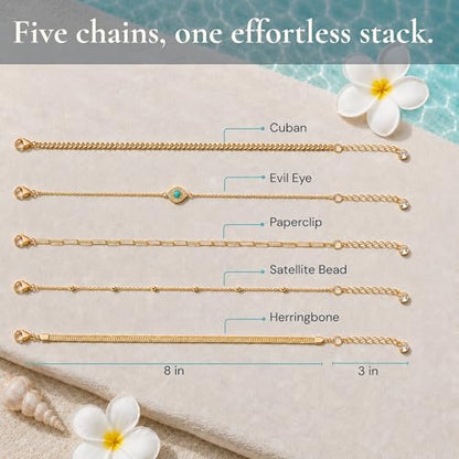 Gold Anklets for Women Waterproof, 14K Gold Layered Ankle Bracelet, Cuban, Herringbone, Paperclip, Beaded or Turquoise Evil Eye Chain Styles, Dainty Non-Tarnish Adjustable Stainless Steel