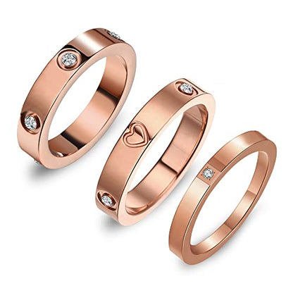 3PCS Love Friendship Ring Gold Ring Sets for Women Stainless Steel Wedding Statement Thumb Ring 18K Gold Silver Rose Plated Cubic Zirconia Rings Jewelry Gifts for Her - color: Rose Gold
