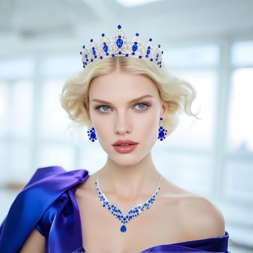 Crowns and Tiaras jewelry sets for Wedding princess birthday party Halloween Prom Pageant Jewelry for Women Crystal Bridal Jewelry Set for women - color: Silver Blue