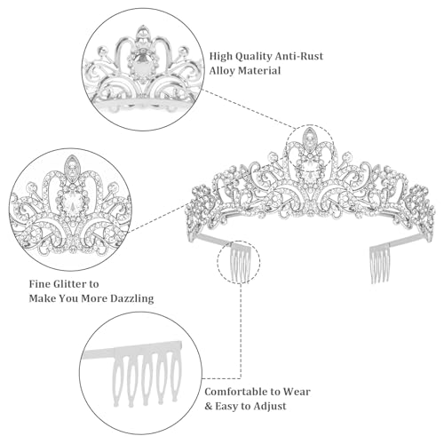 Crystal Tiara Crown Headband Princess Elegant Tiara with Combs for Women Young Ladies Bridal Wedding Prom Birthday Party, Silver - color: Silver