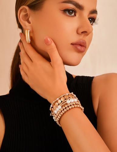 KISS WIFE Gold Beaded Bracelets for Women, Stackable Stretch Bracelet Set | 13 stretch bracelets combine polished gold-tone beads and faux pearls for stacked or individual everyday styling. - color: Gold