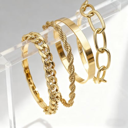 Gold Bracelets for Women, 5 Pcs Non-Tarnish Gold Plated Stackable Bangles with Beaded, Knot, Twisted, Cuff & Chain Designs, Everyday Jewelry Gifts - color: Gold-4pcs