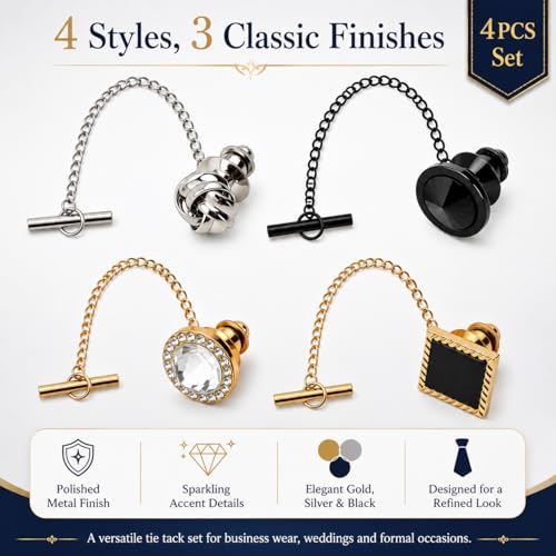 4 Pcs Tie Tack for Men, Tie Pin with Chain, Copper Tack Clutch, Suit Accessories Regular Tie Chain Necktie Lapel Pins for Business Hat Wedding Birthday(Gold/Silver/Black)