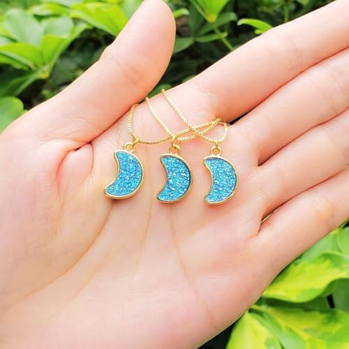 Adabele Natural Druzy Necklace Small Tiny Moon Gemstone Pendant 18 inch Sparkly Agate Stone Crystal Women Jewelry Tarnish Resistant Stainless Steel/Gold Plated Chain - color: Aquamarine blue druzy - gold plated