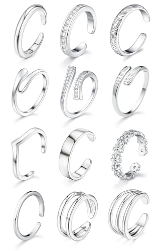 12Pcs Toe Rings for Women - 14K Gold Filled Toe Ring Non Tarnish Adjustable Simple Hug CZ Thin Band Toe Rings Summer Beach Foot Jewelry for Women - style: A-Silver