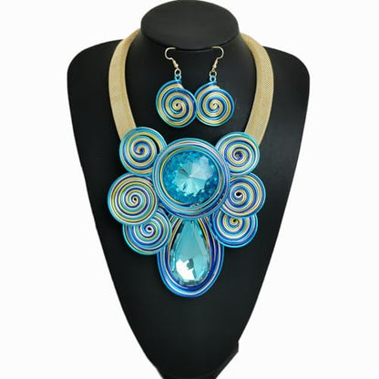 African Jewelry Sets Statement Big Crystal Pendent Necklace Earrings Set For Women Handmade Bib Collar Costume Tribal Fashion Accessories - color: KDLUN5306 Sky Blue