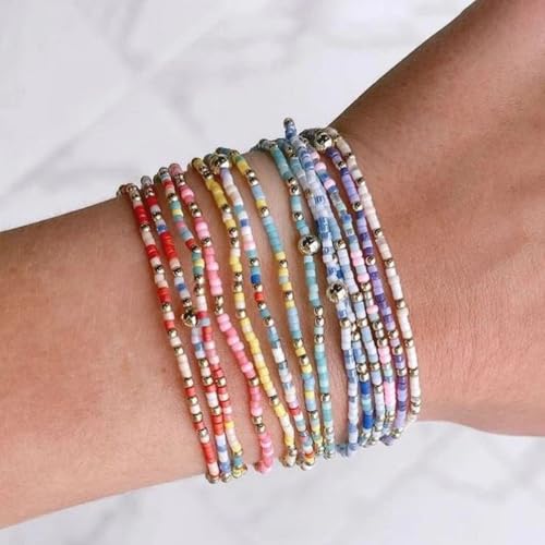Colorful Gold Beaded Bracelets for Women Boho Tiny Gold Plated Ball Stretch Stackable Small Seed Beads Bracelet Stack Trendy Jewelry Set Dainty Vacation Friendship Christmas Gifts for Women - color: Brown