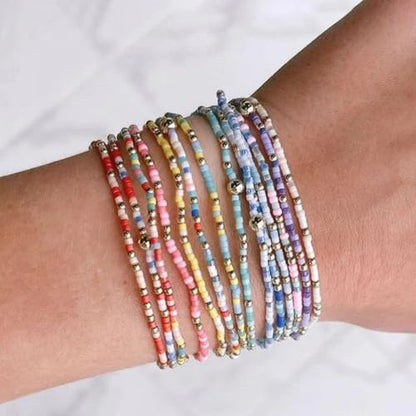 Colorful Gold Beaded Bracelets for Women Boho Tiny Gold Plated Ball Stretch Stackable Small Seed Beads Bracelet Stack Trendy Jewelry Set Dainty Vacation Friendship Christmas Gifts for Women - color: Pink