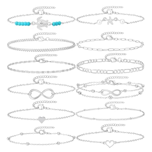Starain 12Pcs Summer Beach Anklets for Women Waterproof Gold Silver Chain Ankle Bracelets Cute Women's Foot Anklet Set 7.9-10.5 inch Adjustable - color: 12Pcs Silver Anklets