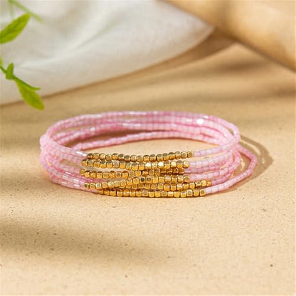 Boho Stackable Seed Beaded Bracelet Set for Women Colorful Multilayered Gold Beads Stretch Bracelets Summer Beach Bohemian Jewelry Gift - color: Pink
