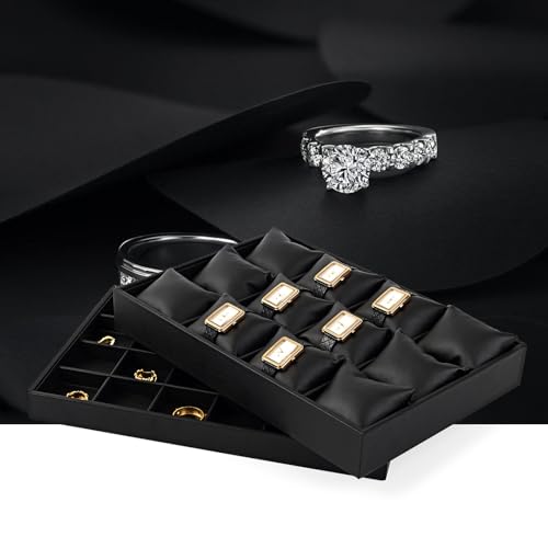 Oirlv Leather Ring Display Tray Black | Cushioned Holders Protect Rings, Perfect for Collection Display - style: P01707