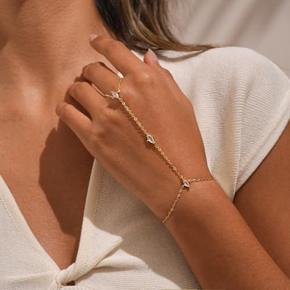 Bracelets for Women, Dainty Gold Silver Ring Bracelet Hand Chain | Cubic Zirconia Pearl Charms, 14K Gold Plated, Adjustable Fit, Trendy Stackable Link Chain, Waterproof Jewelry, Gift for Her - color: Gold-marquise hand chain